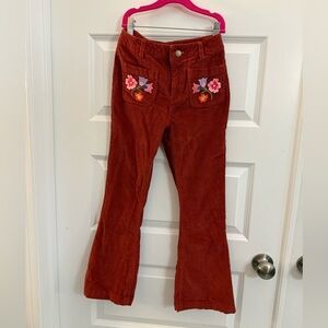 Mini Boden Rust Corduroy Kids Bottoms with Floral Embroidery